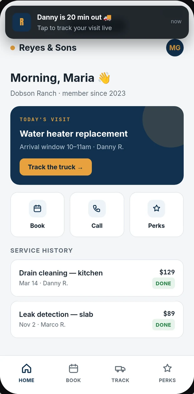 A customer app we built — today's visit, live truck tracking, service history