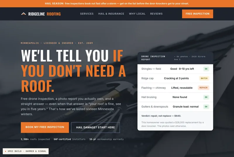 A finished roofing website we built