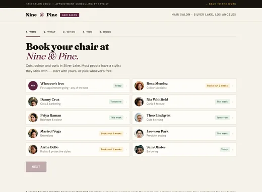 Appointment scheduling for a hair salon — book by stylist