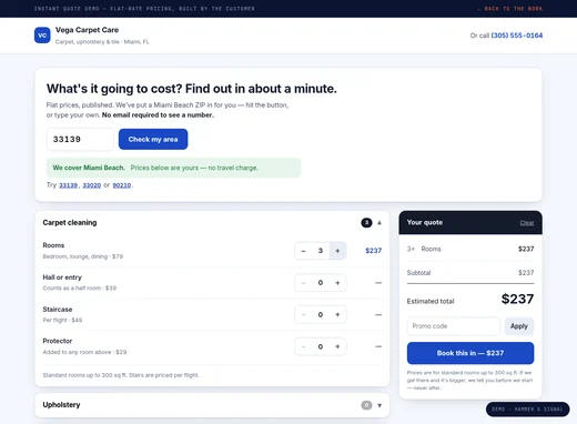 An instant quote builder with a service-area check