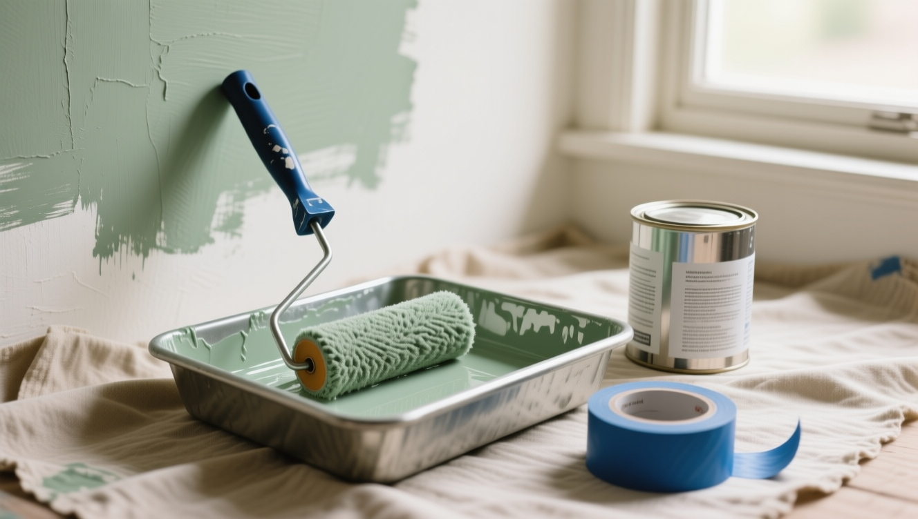 Roller tray of sage green paint with painter's tape on a drop cloth beside a freshly painted wall